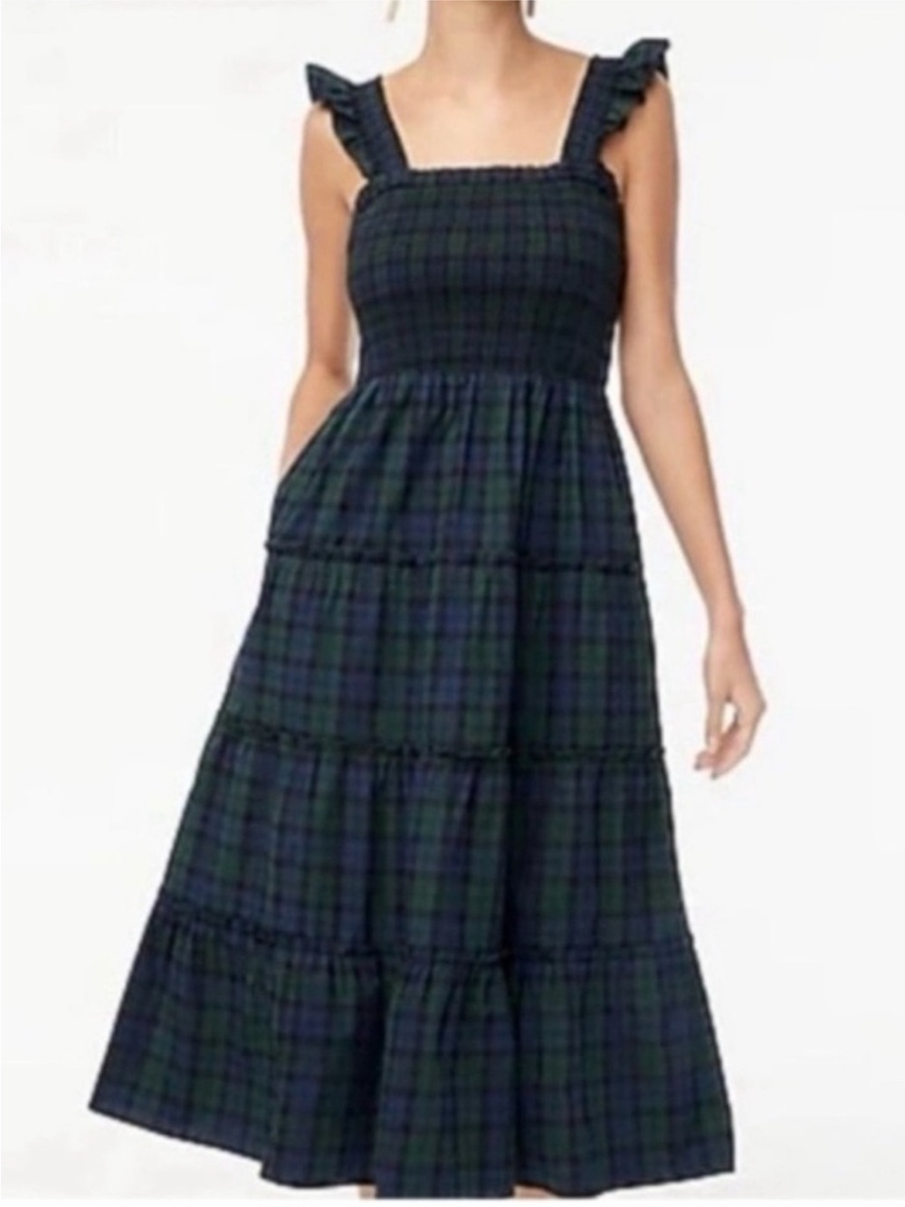 J Crew Factory Green and Blue Plaid Smocked Midi Dress